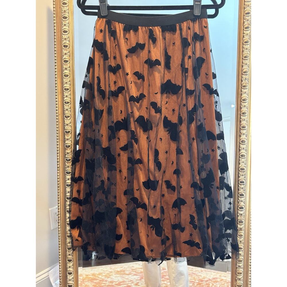 Halloween Skirt, Black Bats Over Pumpkin Colored Midi Skirt, M
